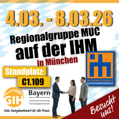 Grafik zur IHM 2026: Hinweis auf den Messeauftritt der GIH‑Regionalgruppe München mit Datum 4.–8.03.26 und Standplatz C1.109